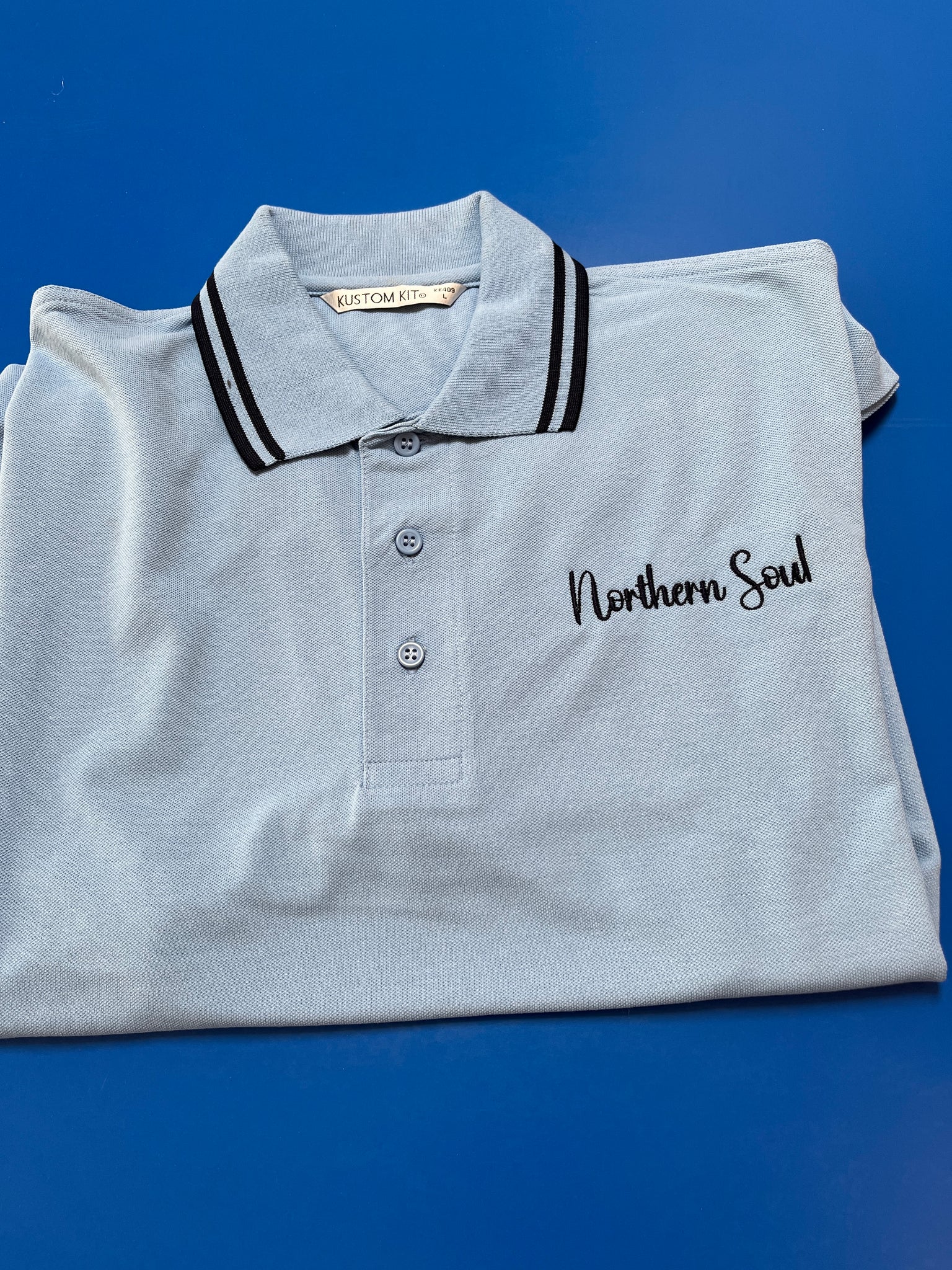 Mens Northern Soul polo shirt, light blue