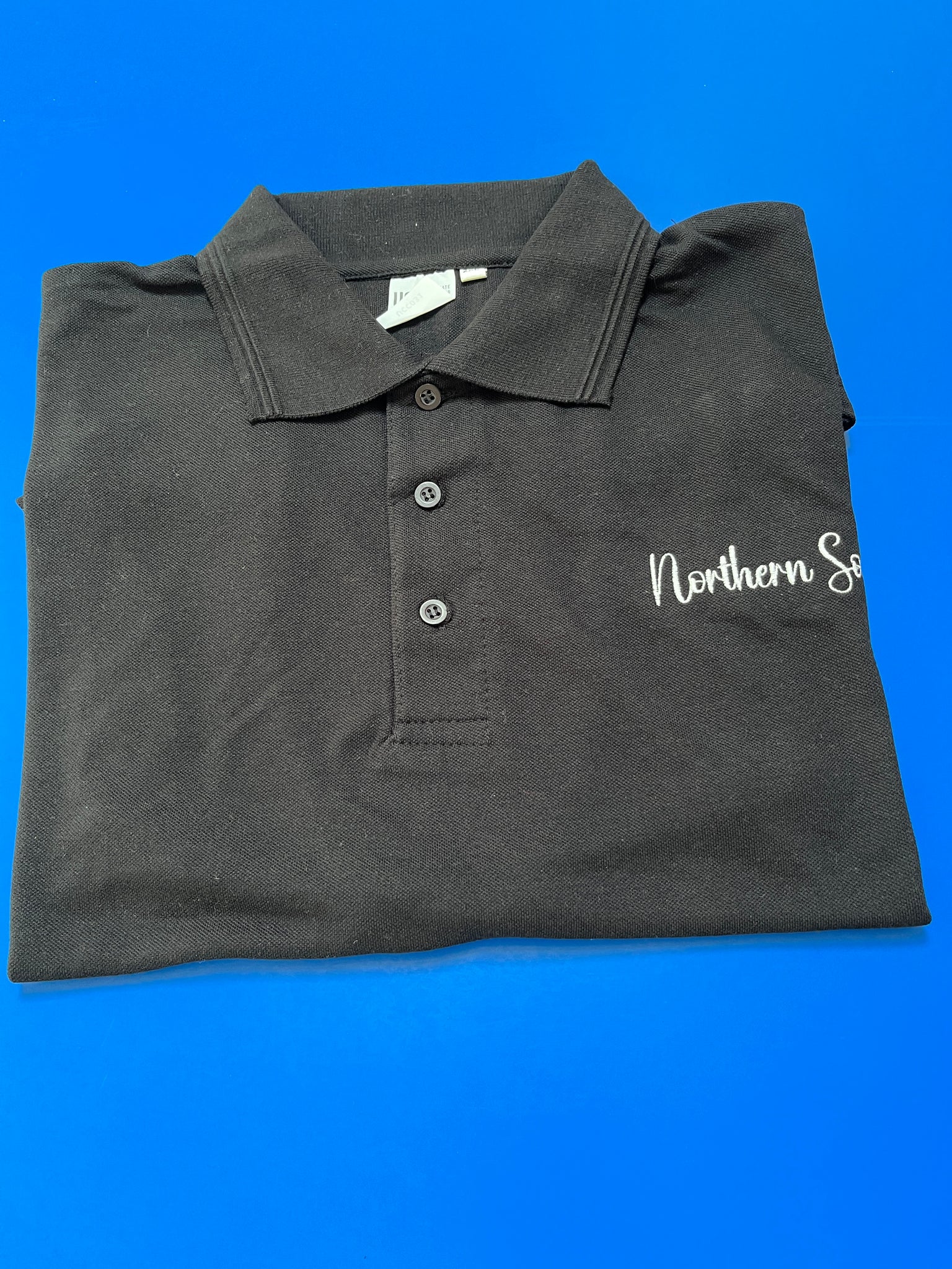 Mens Northern Soul black polo shirt.